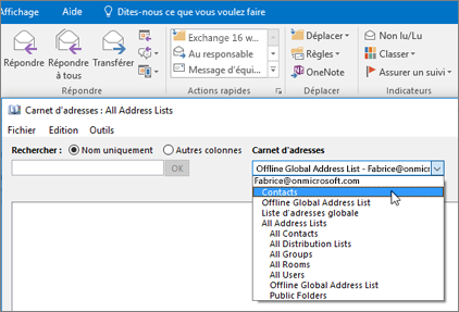 Après avoir importé vos contacts Gmail, vous pouvez les retrouver dans Office 365 en sélectionnant le Carnet d’adresses