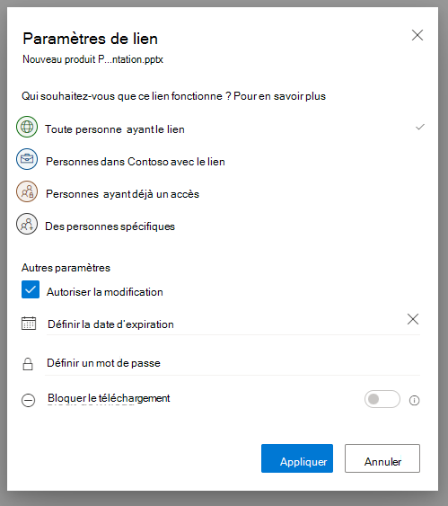 Capture d’écran de la fenêtre pop-up Partager dans OneDrive.