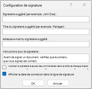 Boîte de dialogue Configuration de la signature