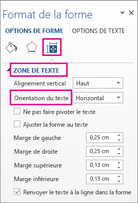Sélection de l’orientation du texte dans le volet Format de la forme