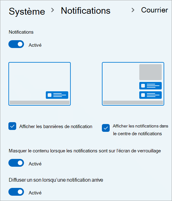 Paramètres de notification de l’application Courrier dans Windows 11.