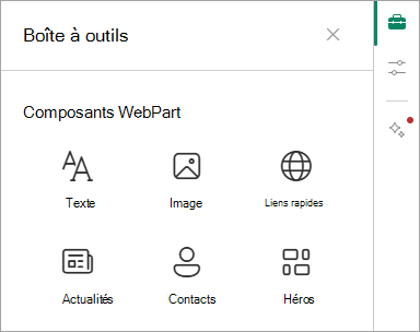 Capture d’écran montrant la boîte à outils et certains des composants WebPart disponibles.