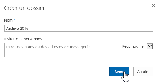 Boîte de dialogue Partage de nouveau dossier SharePoint 2016