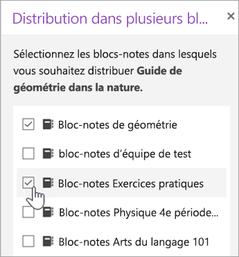 Fenêtre pour la sélection de la distribution entre blocs-notes