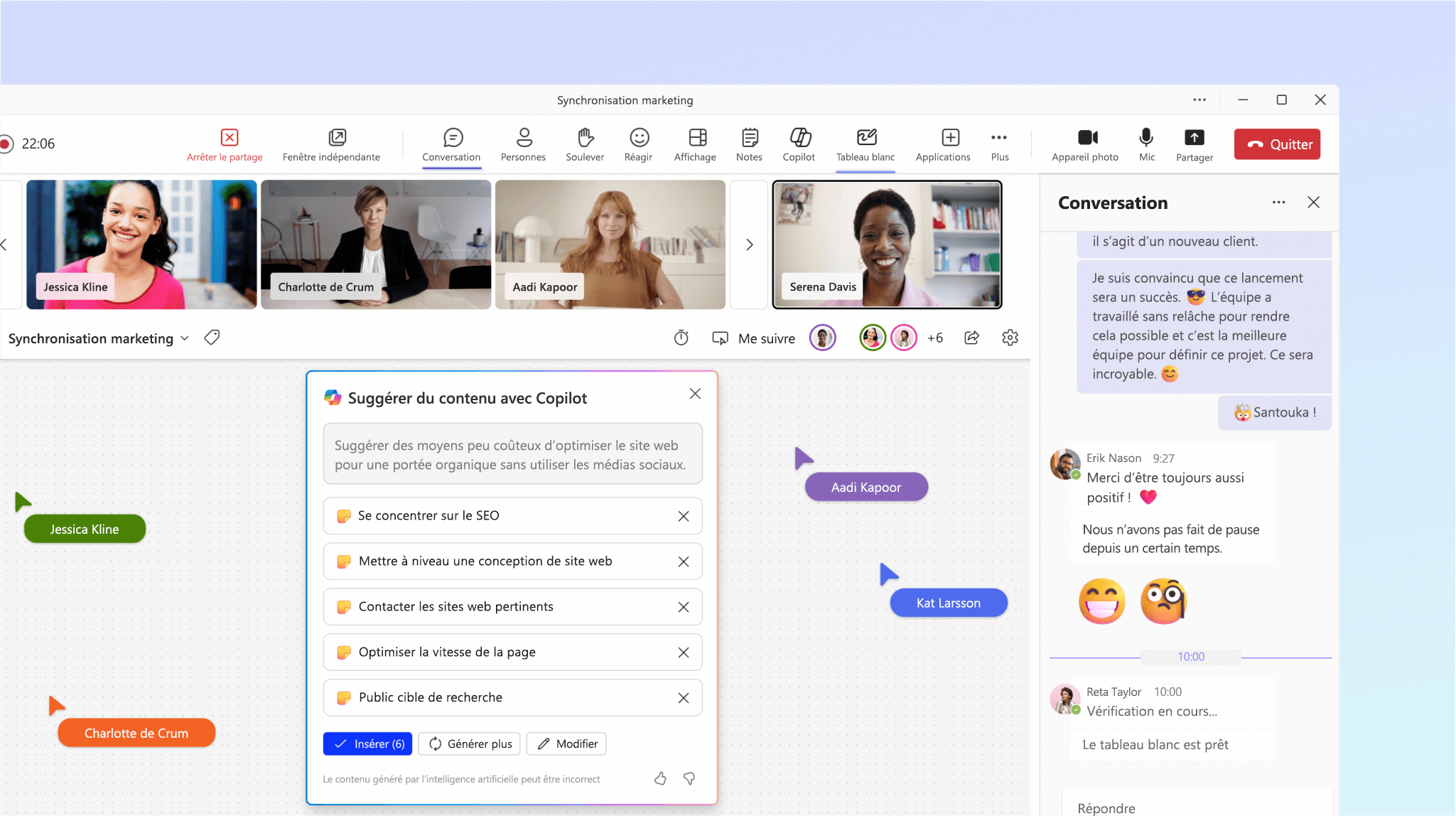La capture d'écran montre Copilot dans Whiteboard qui suggère des sujets pour la réunion.