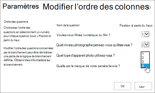 Boîte de dialogue Modifier l’ordre des questions avec une question mise en évidence