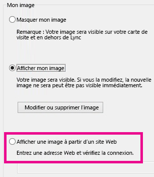 Capture d’écran de la fenêtre d’options Mon image de Lync avec l’option de sélection d’une image à partir d’un site Web mise en surbrillance