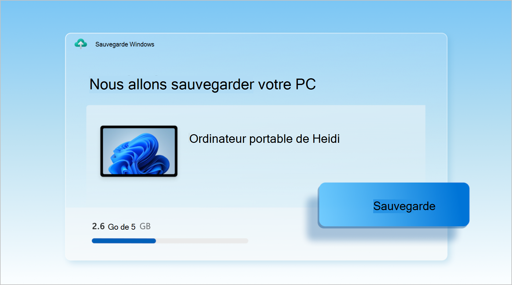 Capture d’écran de Sauvegarde Windows utilisée pour sauvegarder un ordinateur portable.