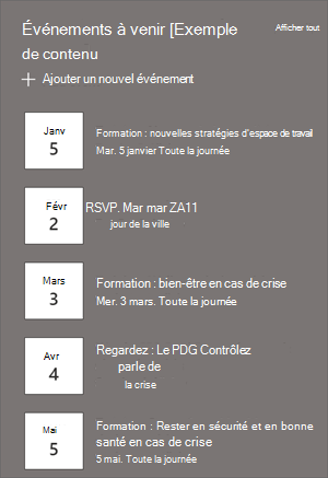 Le composant WebPart événements avec des listes et des dates d’événements.