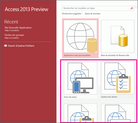 Modèles d’application dans l’écran de démarrage d’Access 2013.