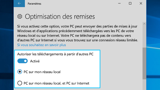 Paramètres de la fonction d'optimisation de la distribution dans Windows 10