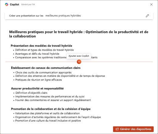 Capture d’écran de la fonctionnalité Ajouter plus avec Copilot dans PowerPoint Copilot.