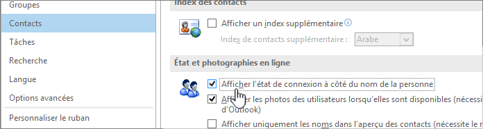 Personnes onglet dans la boîte de dialogue Options avec affichage en ligne status mis en évidence