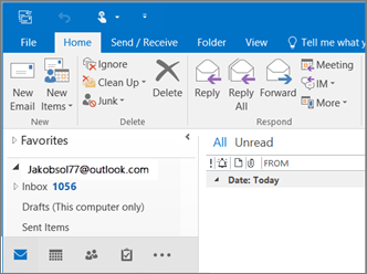 Image de ce à quoi cela ressemble lorsque vous avez un compte Outlook.com dans Outlook 2016.