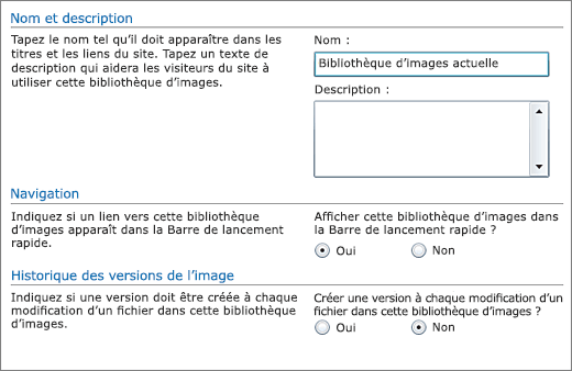 Boîte de dialogue pour ajouter un nom, un diagramme, une navigation au lancement rapide et un système de version.