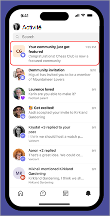 Capture d’écran d’un message dans l’application mobile informant un propriétaire de communauté via le flux d’activité Microsoft Teams (gratuit) que sa communauté est désormais une communauté proposée.