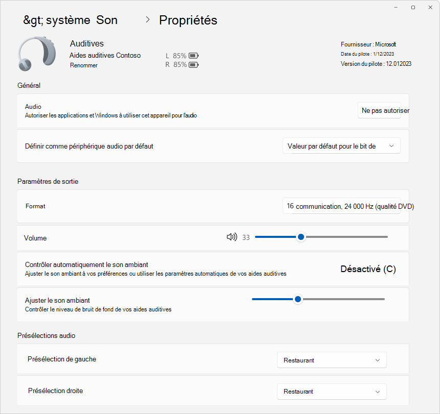 Capture d’écran de Paramètres > System > Sound > Properties montrant certaines options disponibles pour configurer un appareil auditif.