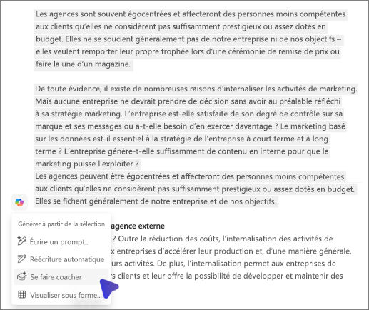 Un menu contextuel est ouvert dans Word, affichant l’option « Obtenir un coaching ».