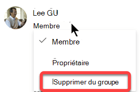 Sous le nom du membre, sélectionnez l’étiquette Membre, puis sélectionnez Supprimer du groupe.