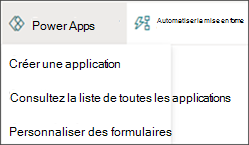Image du menu Power Apps avec l’application Créer une application sélectionnée