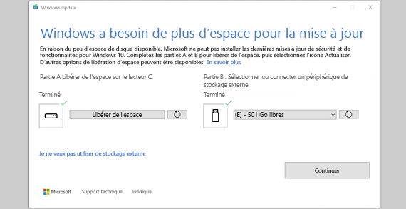 Message Windows a besoin de plus d'espace pour mettre à jour