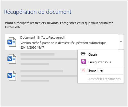 Le fichier AutoRecovered est répertorié dans le volet Récupération de document