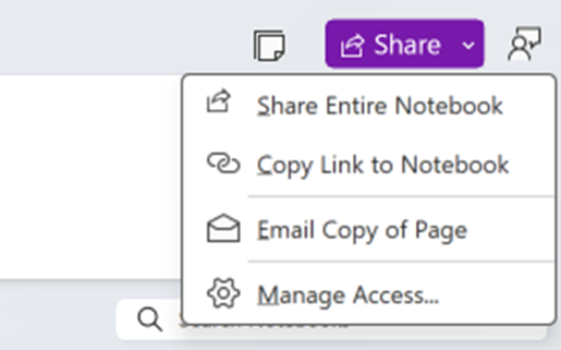 OneNote Share Menu avec quatre options parmi lesquelles l’utilisateur peut choisir :
1. Partager l’intégralité du bloc-notes
2. Copier le lien vers le bloc-notes
3. Email copie de la page
4. Gérer l’accès...