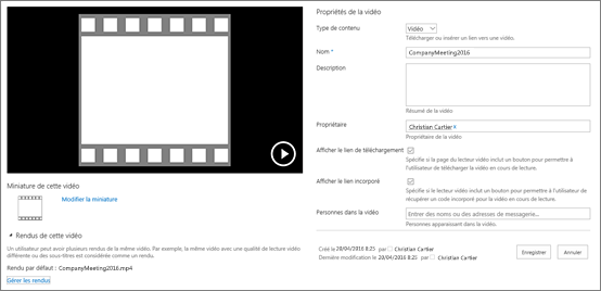 Page Propriétés de la vidéo