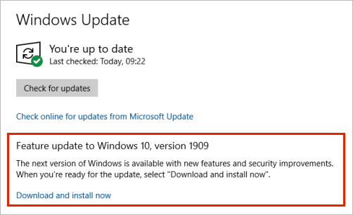 Windows Update montrant les mises à jour des fonctionnalités