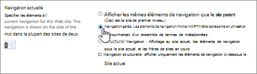 Section navigation actuelle avec la navigation gérée sélectionnée