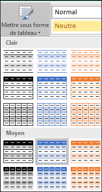 Sélections dans la galerie de styles Excel pour l’option Mettre sous forme de tableau
