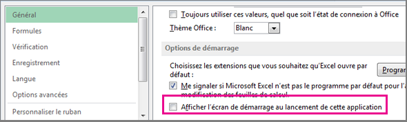 Option Excel de désactivation de l’écran d’accueil à l’ouverture d’Excel