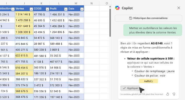 Capture d’écran montrant comment mettre en surbrillance des valeurs à l’aide de Copilot dans Excel.