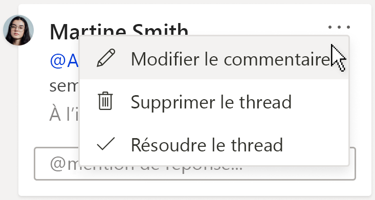 Image d’une carte de commentaire, montrant l’option Modifier le commentaire. L’option se trouve dans le menu déroulant Autres actions de thread, qui se trouve dans le coin supérieur droit du commentaire.