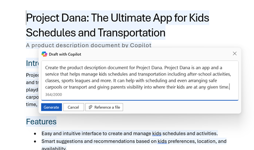 Document de description du produit dans Word avec la boîte de dialogue Copilot ouverte affichant l’invite qui l’a créé.