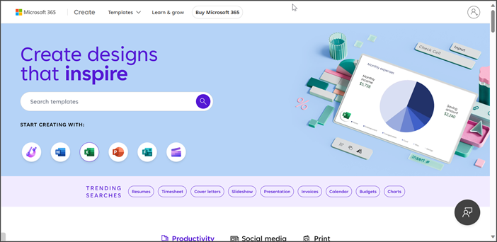 Microsoft Create page d’accueil montrant les options de navigation et de création de modèles.