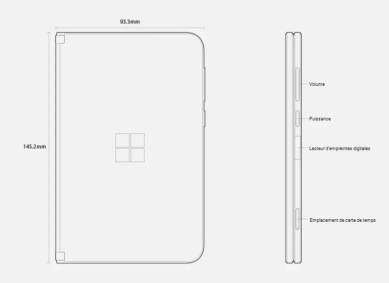 Affiche les dimensions et fonctionnalités de Surface Duo, avec l’appareil fermé.