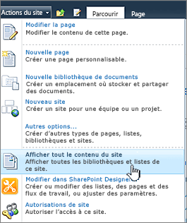 Afficher tout le contenu du site dans le menu Actions du site