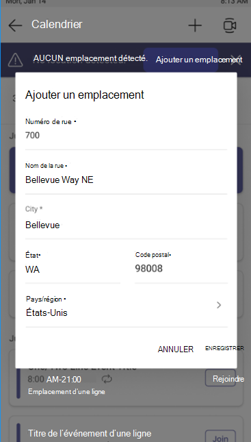 Capture d’écran d’un téléphone de bureau Teams avec un formulaire pour renseigner une adresse professionnelle