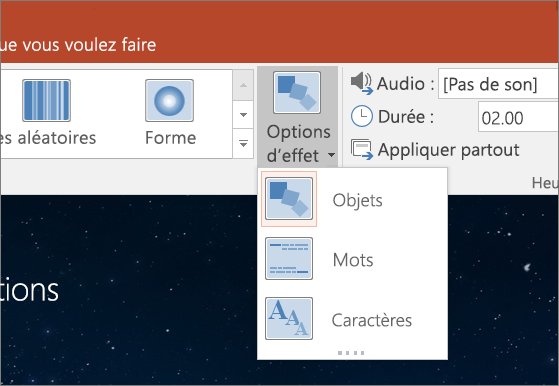 Options d’effet de transition pour la transition Morph dans PowerPoint 2016