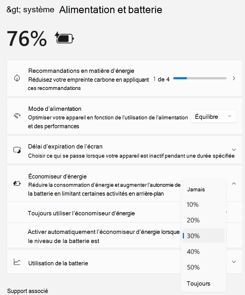 Capture d’écran des paramètres > System > Power and Battery > Économiseur d’énergie