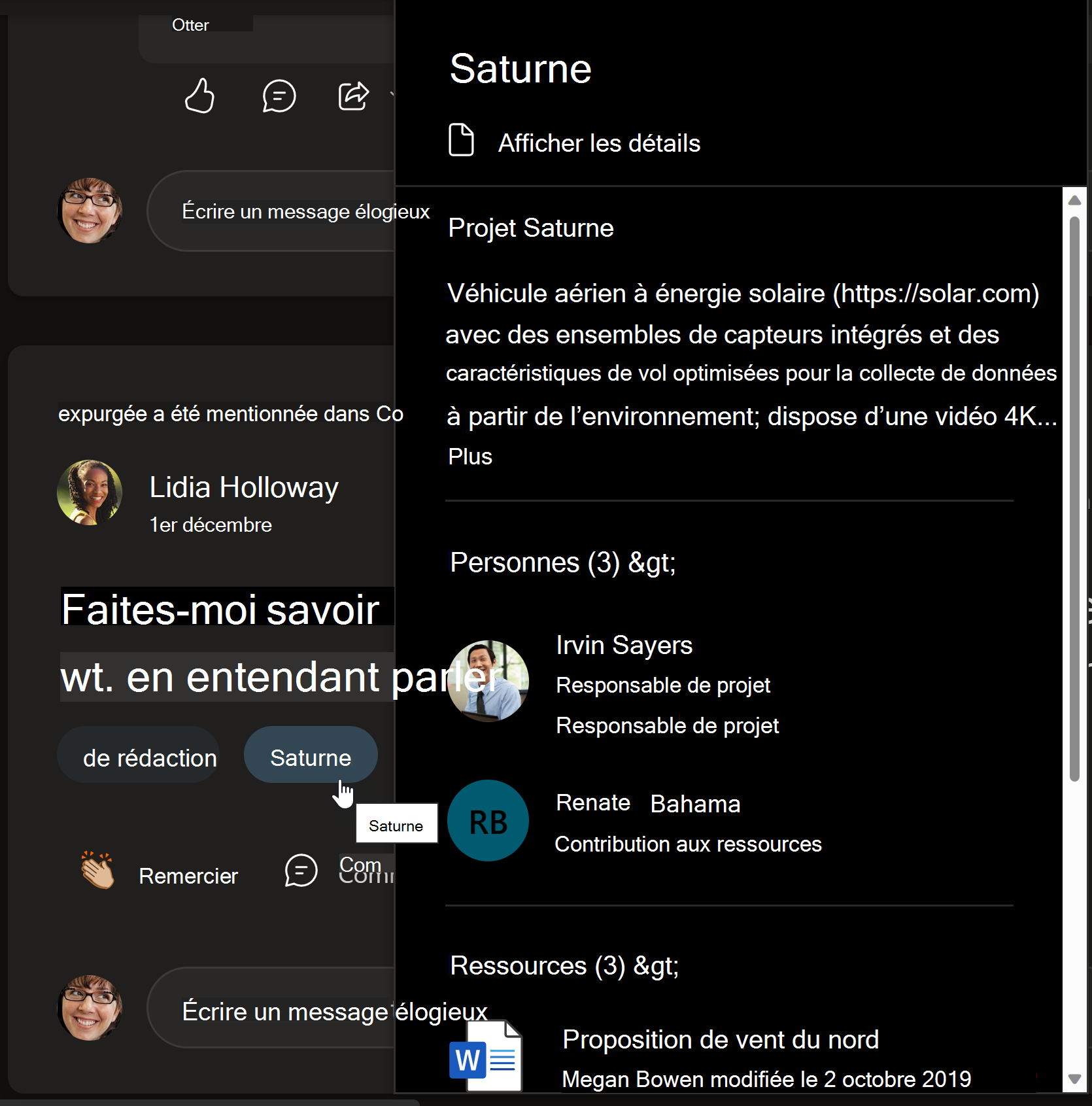 Capture d’écran du sélecteur de rubriques dans yammer