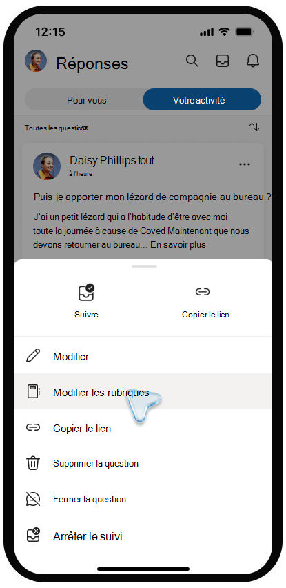 Capture d’écran du menu de modification des rubriques dans Viva Engage sur un appareil mobile.