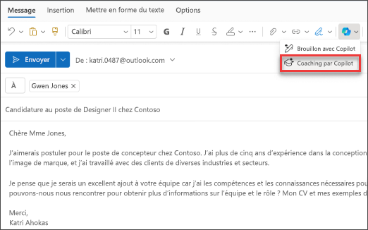 Option de menu pour le coaching de Copilot dans le nouvel Outlook