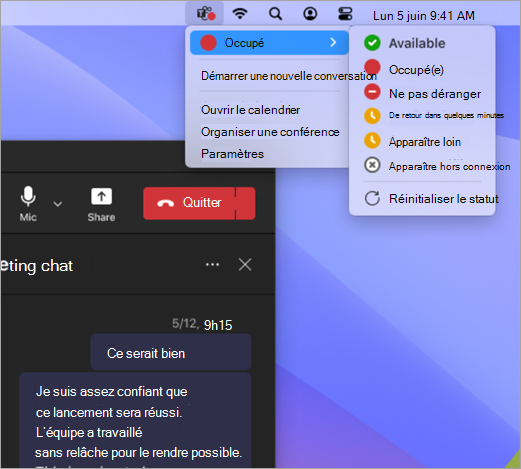 Capture d’écran montrant le menu Actions rapides pour Teams sur Mac.