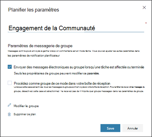 Capture d’écran : affichage du paramètre « Envoyer un courrier électronique au groupe du plan... » pour les paramètres du plan