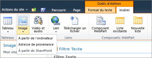 Cliquez sur le bouton image dans le ruban, puis sélectionnez à partir de l’ordinateur, de l’adresse ou de SharePoint.