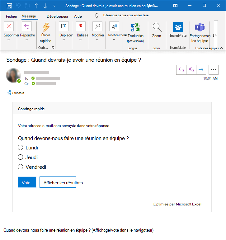 Microsoft Forms poll in an Outlook email