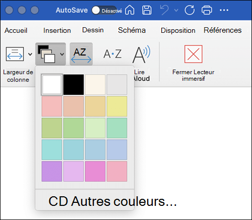 Options de couleur de la page affichées pour Lecteur immersif dans Word pour Mac