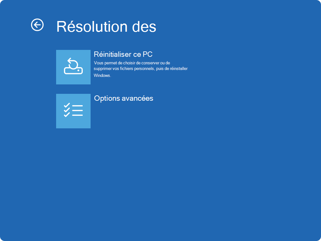 Capture d’écran de l’écran Windows RE - Résolution des problèmes.